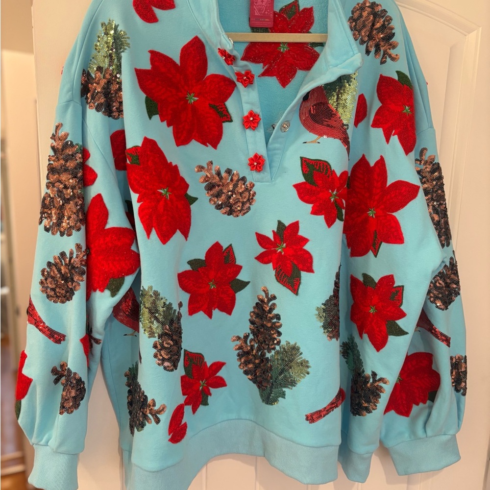 Queen of Sparkles Aqua Poinsetta, Cardinal & Pine Cone Henley Sweatshirt Sz XXL
